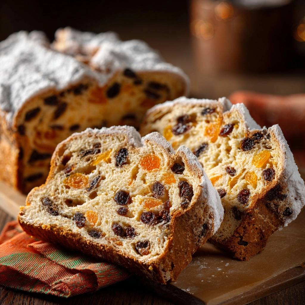 Klassischer Fruchtstollen Querschnitt Nahaufnahme 1 Klassischer Fruchtstollen, angeschnitten und in einer Nahaufnahme, zeigt die saftige Füllung mit Trockenfrüchten und Puderzucker.