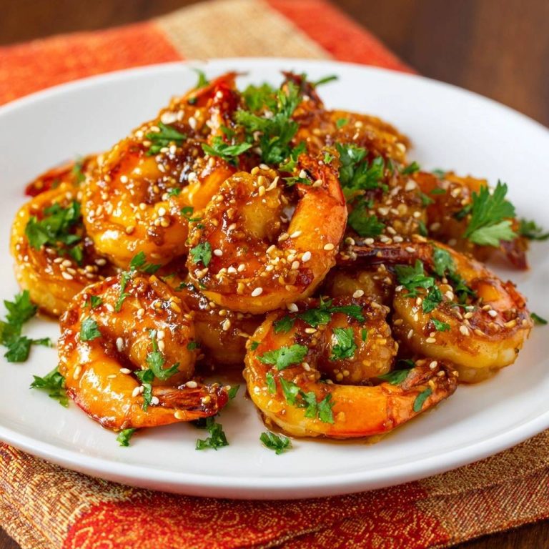 Klebrige Honig-Knoblauch-Garnelen, serviert auf einem weißen Teller, garniert mit frischer Petersilie und Sesam. Die Garnelen sind glasiert und appetitlich angerichtet.