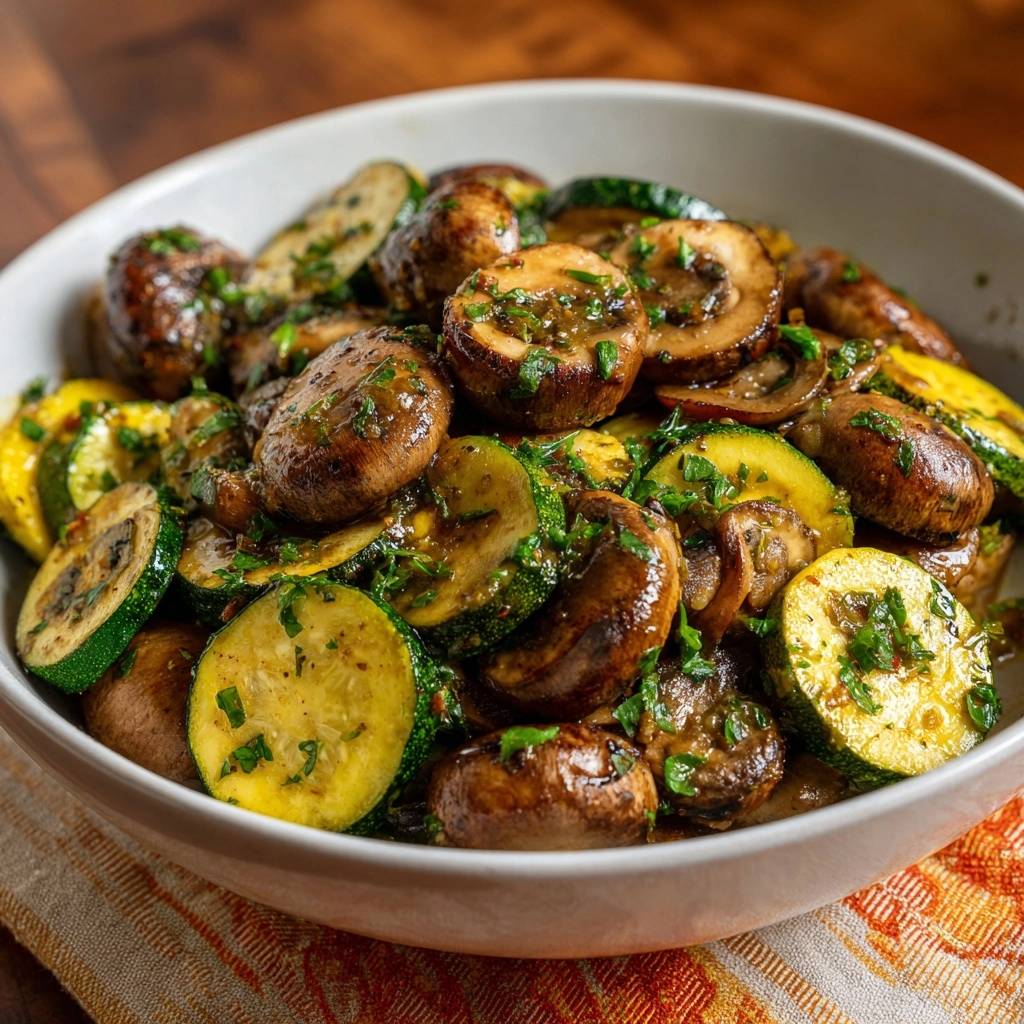 Knackige Champignons Zucchini Pfanne Nahaufnahme 1 Knackige Champignons-Zucchini-Pfanne in einer Nahaufnahme, die die frisch gebratenen Pilze und Zucchinischeiben zeigt.