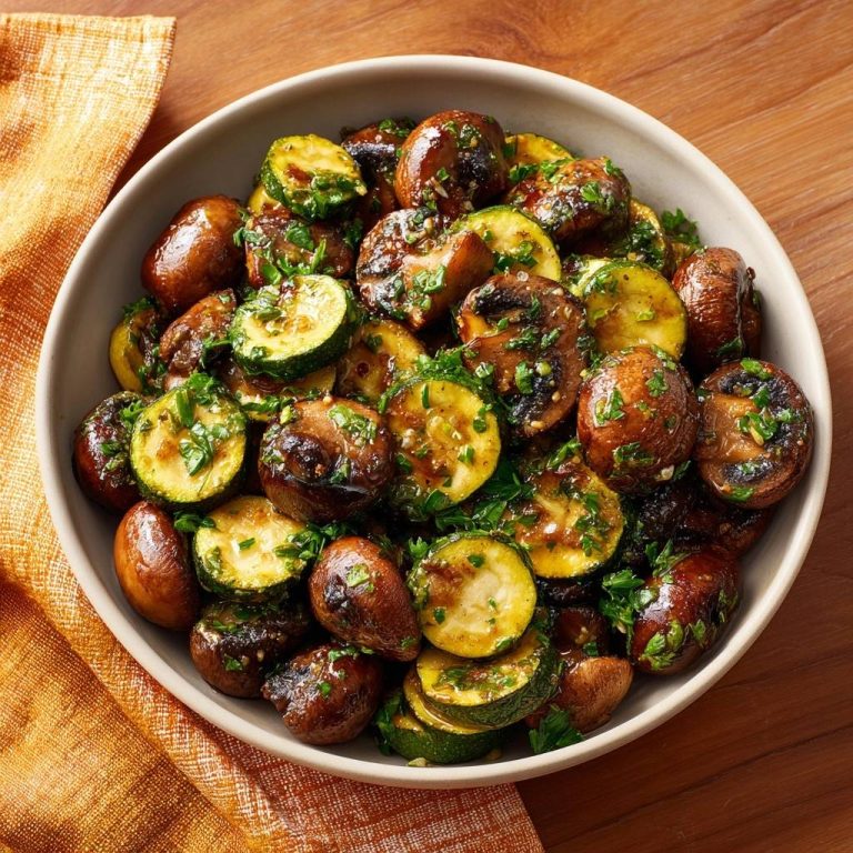 Knackige Champignons-Zucchini-Pfanne in einer Schüssel von oben gesehen, garniert mit frischer Petersilie und serviert auf einem Holztisch.