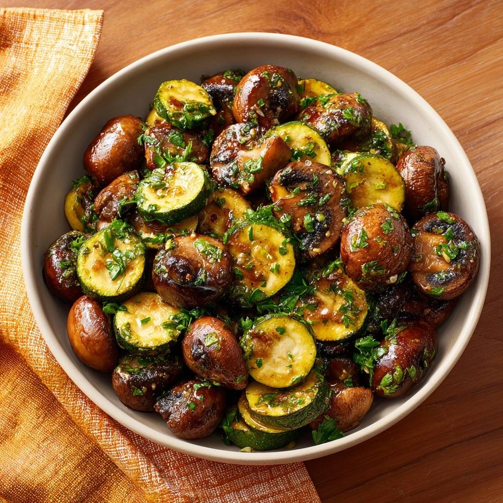 Knackige Champignons-Zucchini-Pfanne in einer Schüssel von oben gesehen, garniert mit frischer Petersilie und serviert auf einem Holztisch.