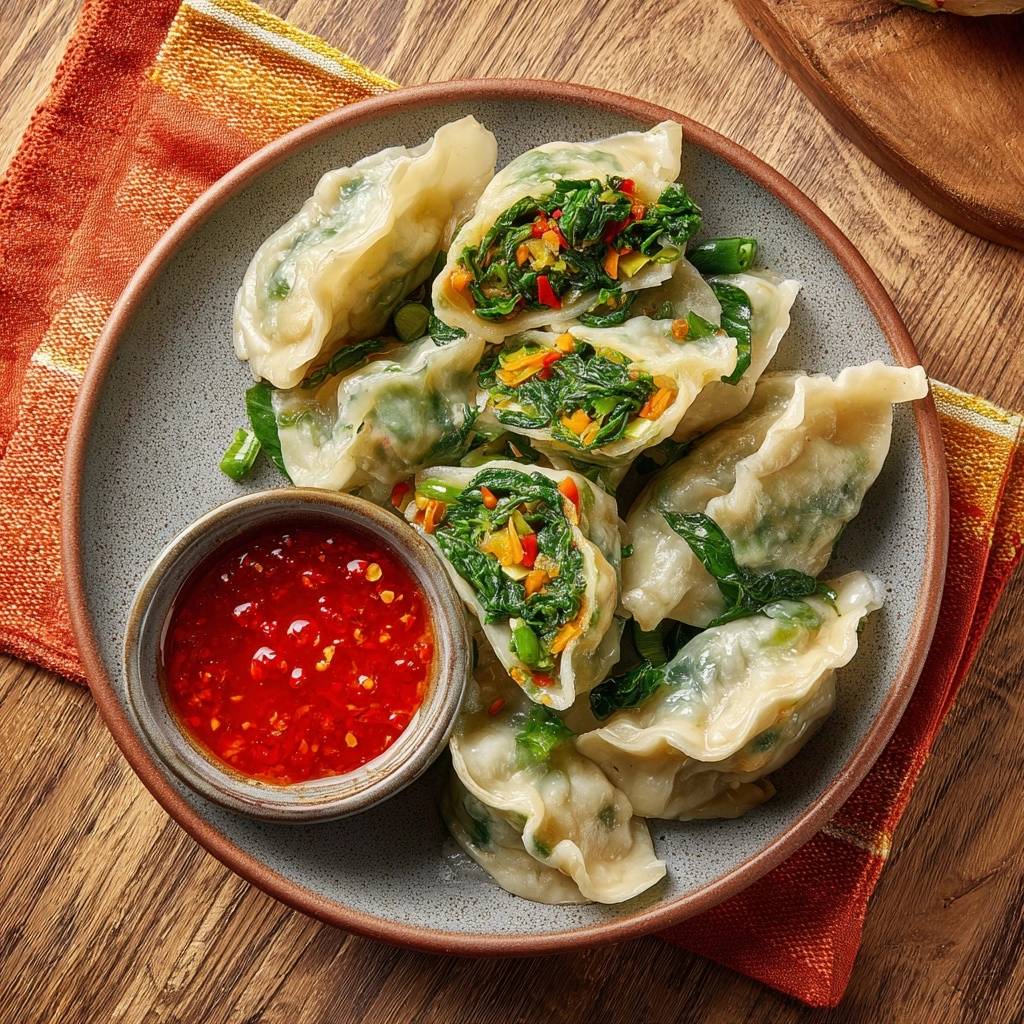 Knackige Spinat Karotten Dumplings Querschnitt 1 Knackige Spinat-Karotten-Dumplings zeigen hier ihre farbenfrohe Gemüsefüllung im Querschnitt, serviert mit einer scharfen Chilisauce.