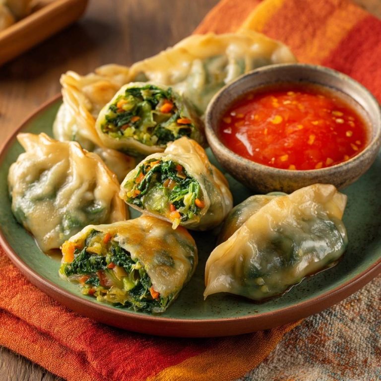 Knackige Spinat-Karotten-Dumplings mit einem Anschnitt, der die saftige Gemüsefüllung zeigt, serviert auf einem Teller neben einer Schale mit Sauce.