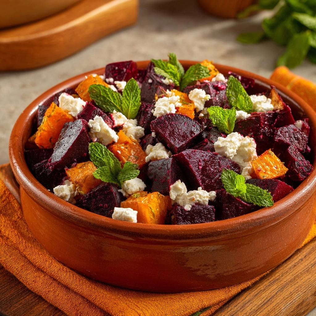 Knackiger Beete Kuerbis Feta Salat Draufsicht Serviert 1 Knackiger Beete-Kürbis-Feta-Salat, serviert in einer rustikalen Schale, präsentiert eine köstliche Mischung aus Beetewürfeln, Kürbis und frischer Minze.