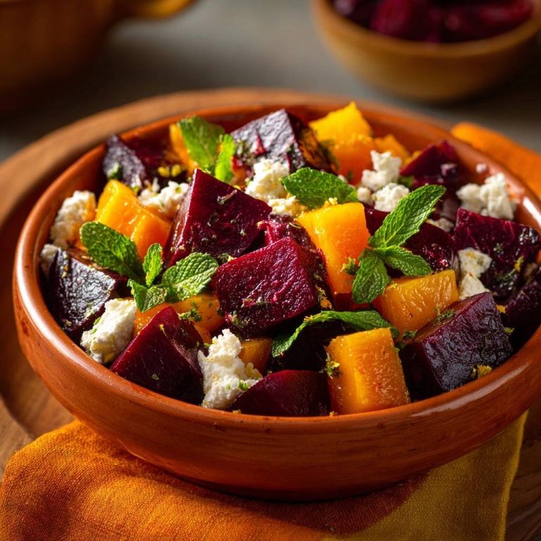 Knackiger Beete-Kürbis-Feta-Salat in einer rustikalen Schüssel serviert, mit frischer Minze garniert und von oben fotografiert.