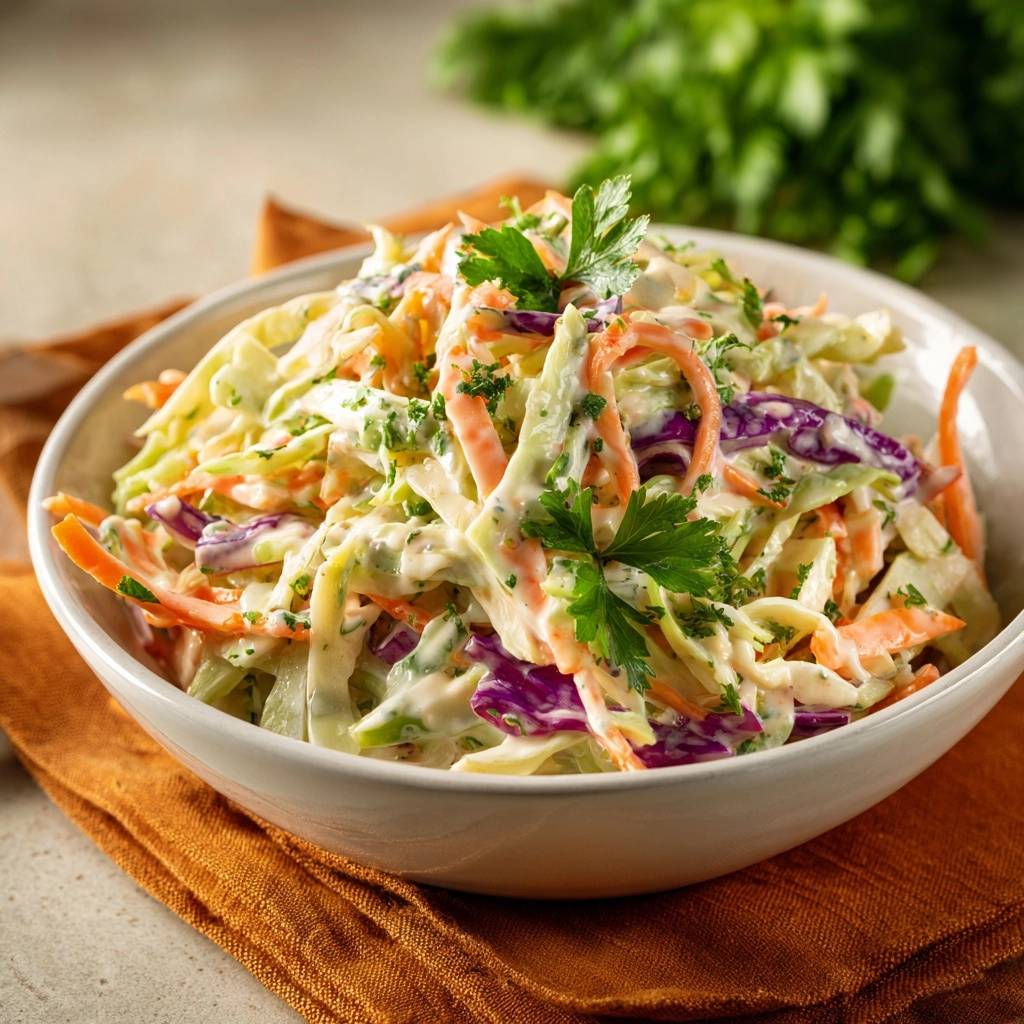 Knackiger Bunter Coleslaw Draufsicht Serviert 1 Knackiger bunter Coleslaw in einer weißen Schüssel serviert, mit frischer Petersilie garniert, bereit zum Genießen.