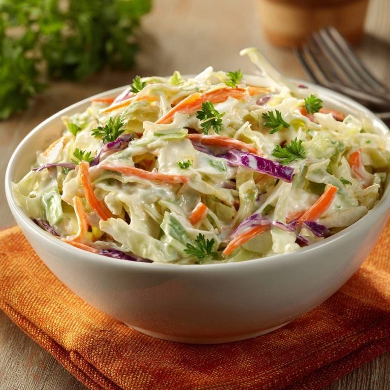 Knackiger Bunter Coleslaw serviert in einer weißen Schüssel, garniert mit frischer Petersilie auf einem Tisch. Ein leckeres Gericht für jede Gelegenheit.