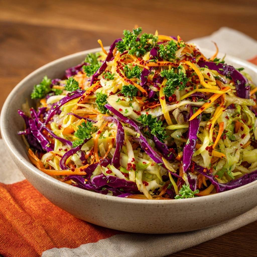 Knackiger Bunter Krautsalat Draufsicht Serviert 1 2 Knackiger Bunter Krautsalat in einer Schüssel serviert, garniert mit frischer Petersilie und roten Gewürzen. Ein köstlicher und farbenfroher Salat.