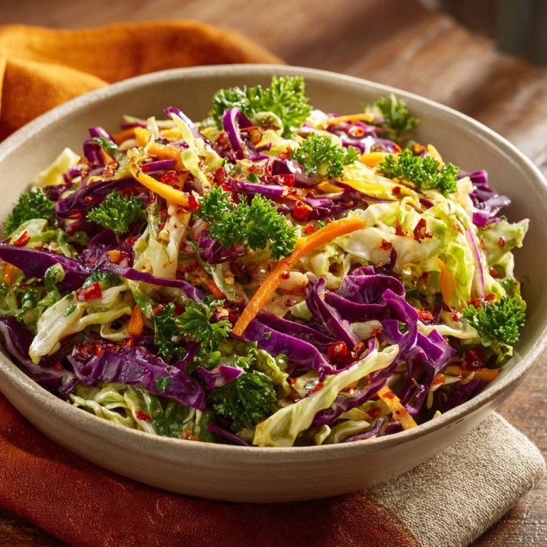 Knackiger Bunter Krautsalat, serviert in einer rustikalen Schüssel, garniert mit frischer Petersilie und roten Chiliflocken. Ein bunter und frischer Salat für den Genuss.
