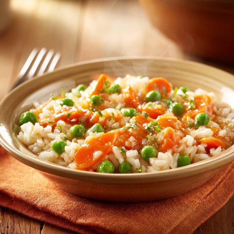 Knackiger Gemüse-Reis mit Karotten & Erbsen, serviert in einer rustikalen Schüssel, dampfend und appetitlich angerichtet.