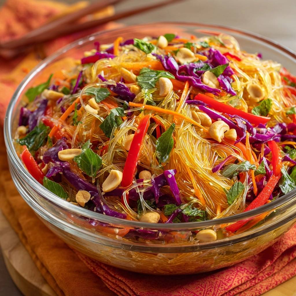 Knackiger Glasnudelsalat Mit Gemuese Draufsicht 1 Knackiger Glasnudelsalat mit buntem Gemüse, Erdnüssen und frischer Minze in einer Glasschüssel von oben betrachtet.
