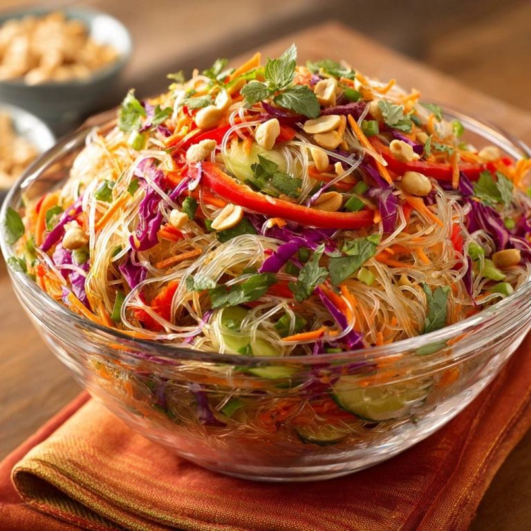 Knackiger Glasnudelsalat mit buntem Gemüse und Erdnüssen, serviert in einer Glasschüssel, mit frischen Kräutern und gerösteten Erdnüssen garniert.