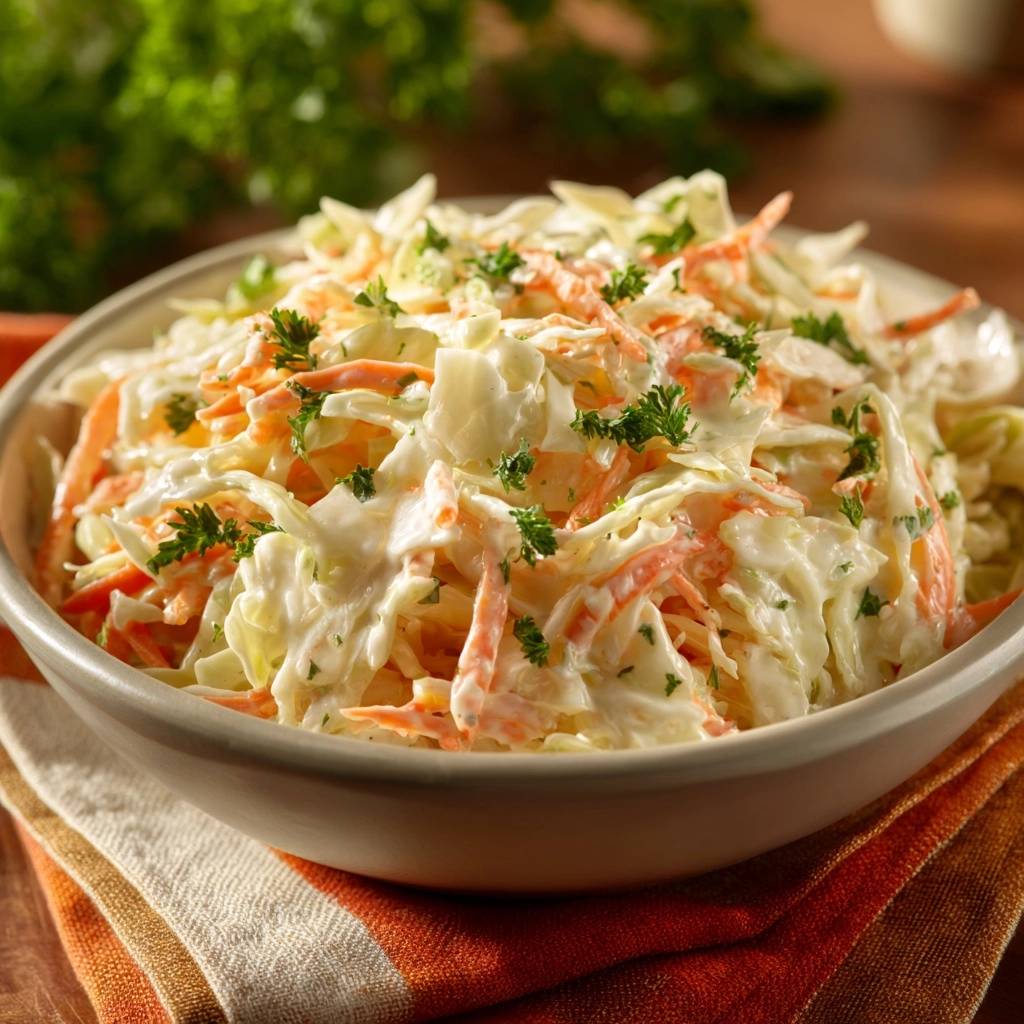 Knackiger Krautsalat Serviert 1 Knackiger Krautsalat serviert in einer Schüssel, garniert mit frischer Petersilie. Der cremige Krautsalat ist perfekt zubereitet und bereit zum Servieren.