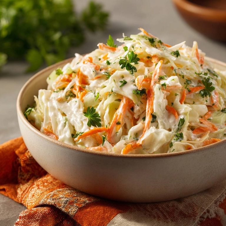Knackiger Krautsalat serviert in einer Schüssel, garniert mit frischer Petersilie. Der Krautsalat ist cremig und die Karotten sind gut sichtbar.