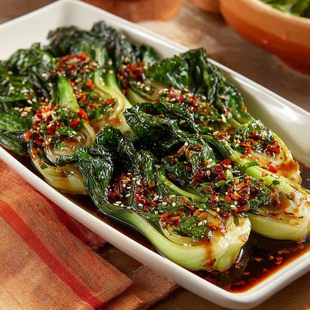 Knackiger Pak Choi Mit Sesam Chili Sauce Serviert 1 Knackiger Pak Choi mit Sesam-Chili-Sauce, serviert auf einem weißen Teller, glänzend mit der würzigen Sauce. Das Gemüse ist köstlich angerichtet.