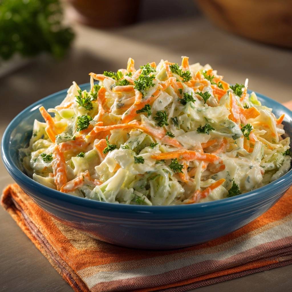 Knackiger Petersilien Karottensalat Serviert 1 Knackiger Petersilien-Karottensalat wird in einer blauen Schüssel serviert und mit frischer Petersilie garniert, um eine köstliche Textur zu zeigen.