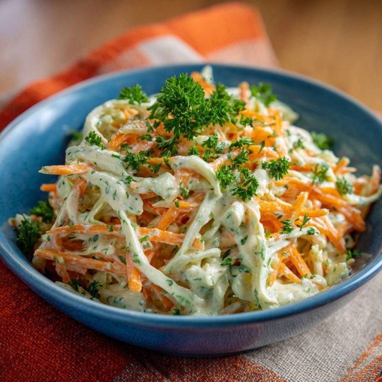 Knackiger Petersilien-Karottensalat wird in einer blauen Schüssel serviert und mit frischer Petersilie garniert. Der Salat ist eine köstliche Beilage.