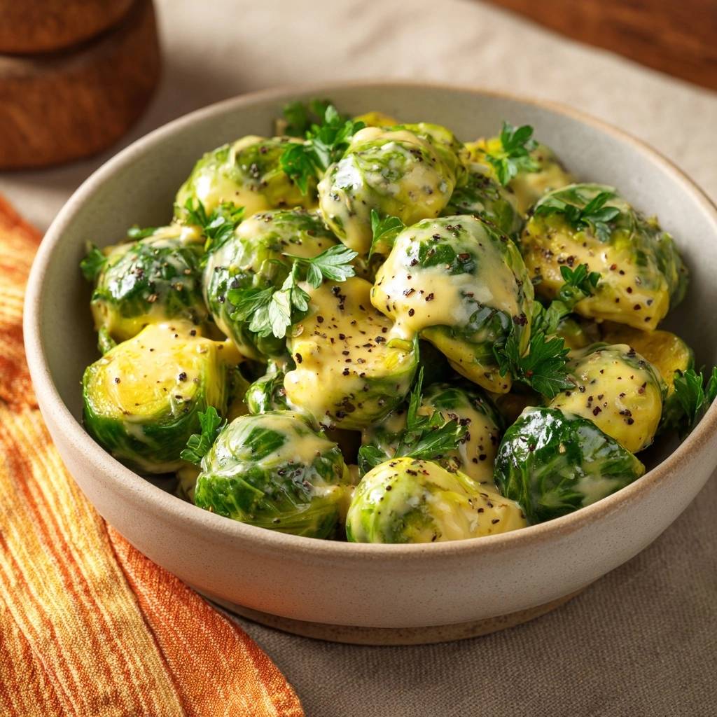 Knackiger Rosenkohl Cremiger Senfsosse Nahaufnahme 1 Knackiger Rosenkohl in cremiger Senfsoße in Nahaufnahme, mit frischen Kräutern garniert und mit schwarzem Pfeffer bestreut.