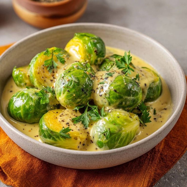 Knackiger Rosenkohl in cremiger Senfsoße in Nahaufnahme serviert, mit frischen Kräutern garniert und mit Pfeffer bestreut.