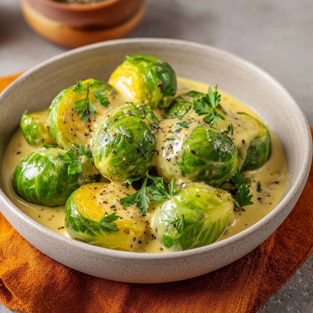 Knackiger Rosenkohl in cremiger Senfsoße in Nahaufnahme serviert, mit frischen Kräutern garniert und mit Pfeffer bestreut.