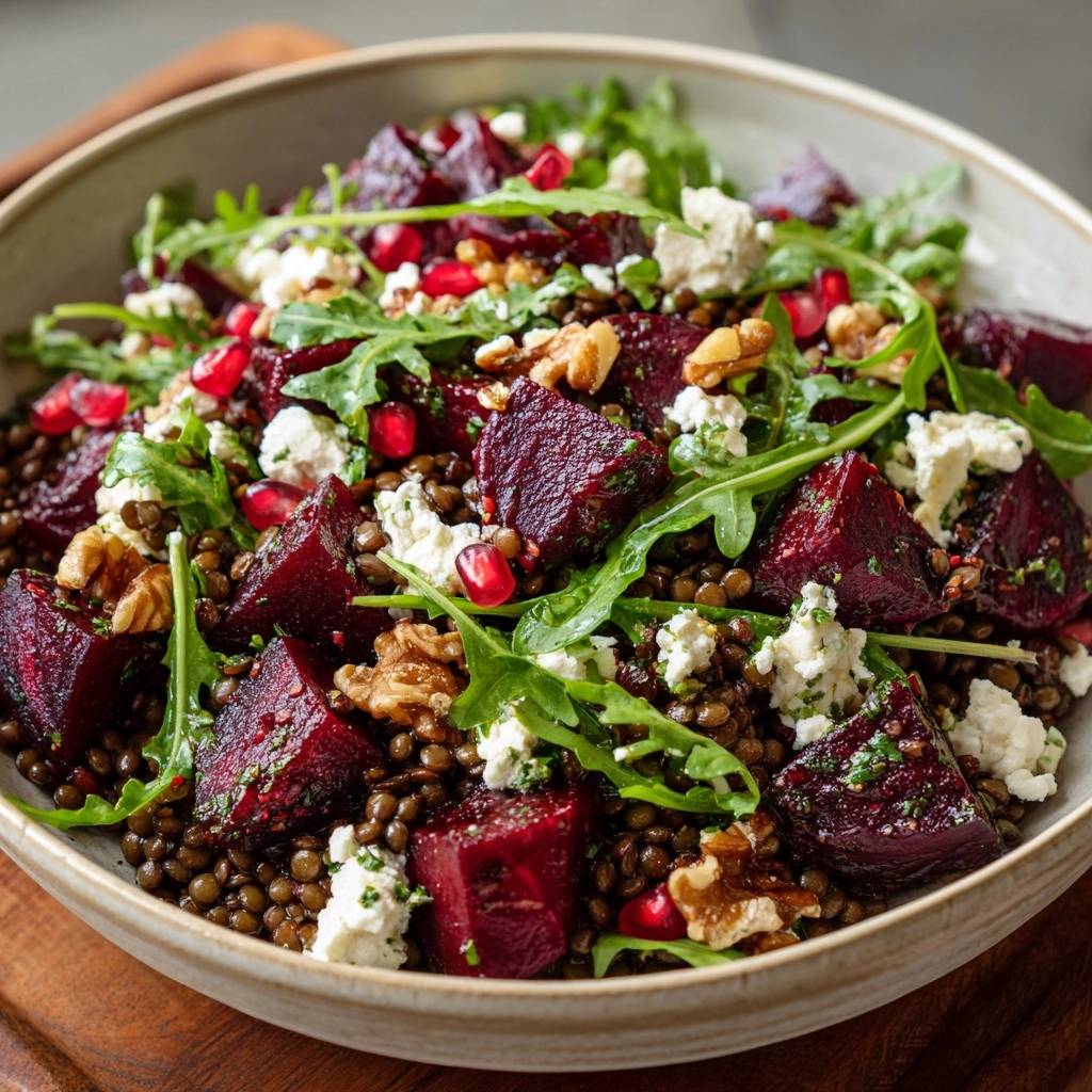 Knackiger Rote Bete Linsen Salat Draufsicht 1 Knackiger Rote-Bete-Linsen-Salat mit Feta, Walnüssen & Granatapfel, serviert in einer Schüssel, von oben betrachtet. Die frischen Zutaten sind gut sichtbar.