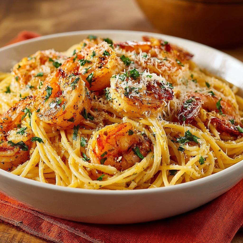 Knoblauch Garnelen Spaghetti Draufsicht Serviert 1 Knoblauch-Garnelen-Spaghetti, serviert in einer Schüssel, mit frischen Kräutern und Parmesan garniert. Diese köstliche Mahlzeit ist in 30 Minuten zubereitet.