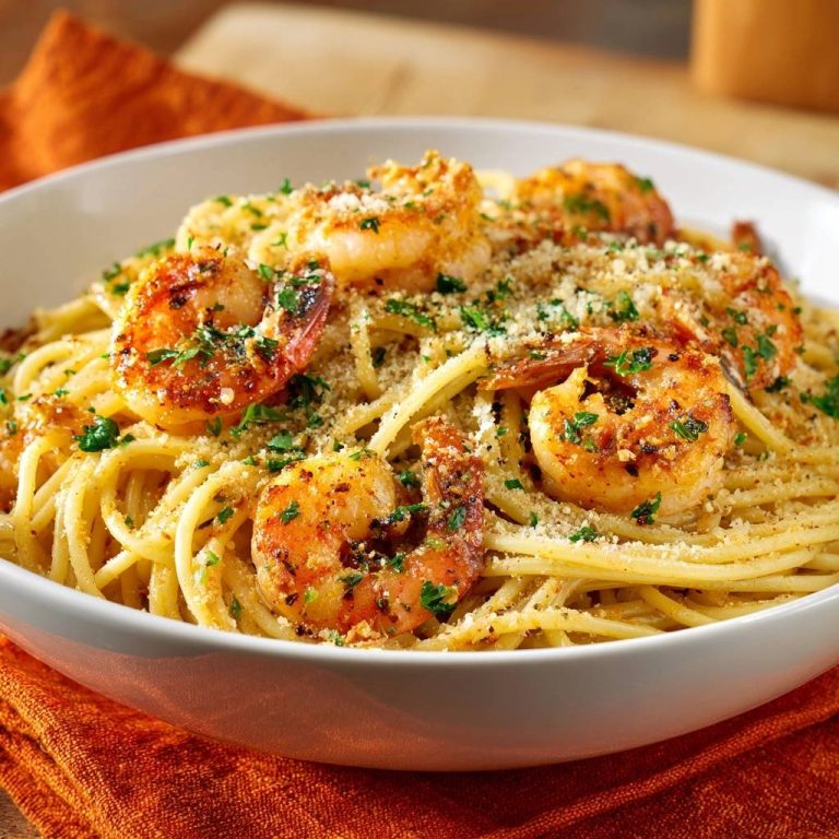 Knoblauch-Garnelen-Spaghetti, serviert in einer Schüssel, mit knusprigen Garnelen und frisch gehackter Petersilie garniert. Ein köstliches Mittagessen.