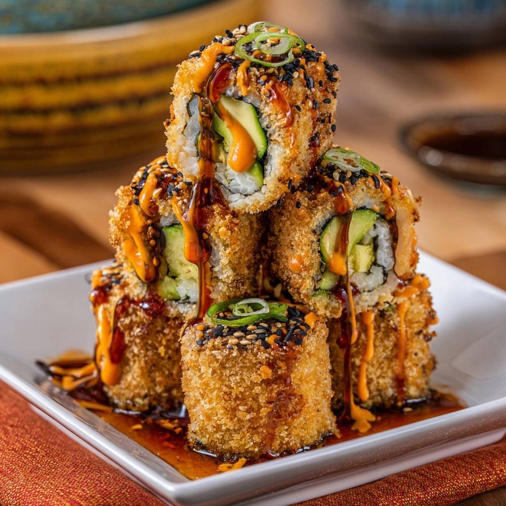 Knusprige Avocado Gurken Sushi Rolls Querschnitt 1 Knusprige Avocado-Gurken-Sushi-Rolls im Querschnitt, mit Avocado und Gurke gefüllt und mit Soße beträufelt.