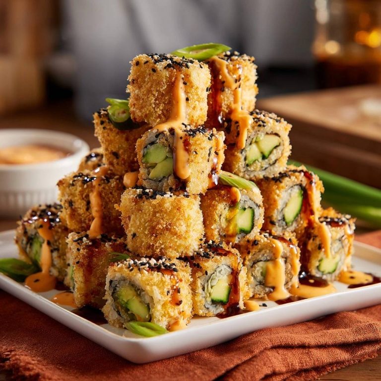 Knusprige Avocado-Gurken-Sushi-Rolls serviert auf einem weißen Teller, übereinander gestapelt und mit Soße beträufelt.