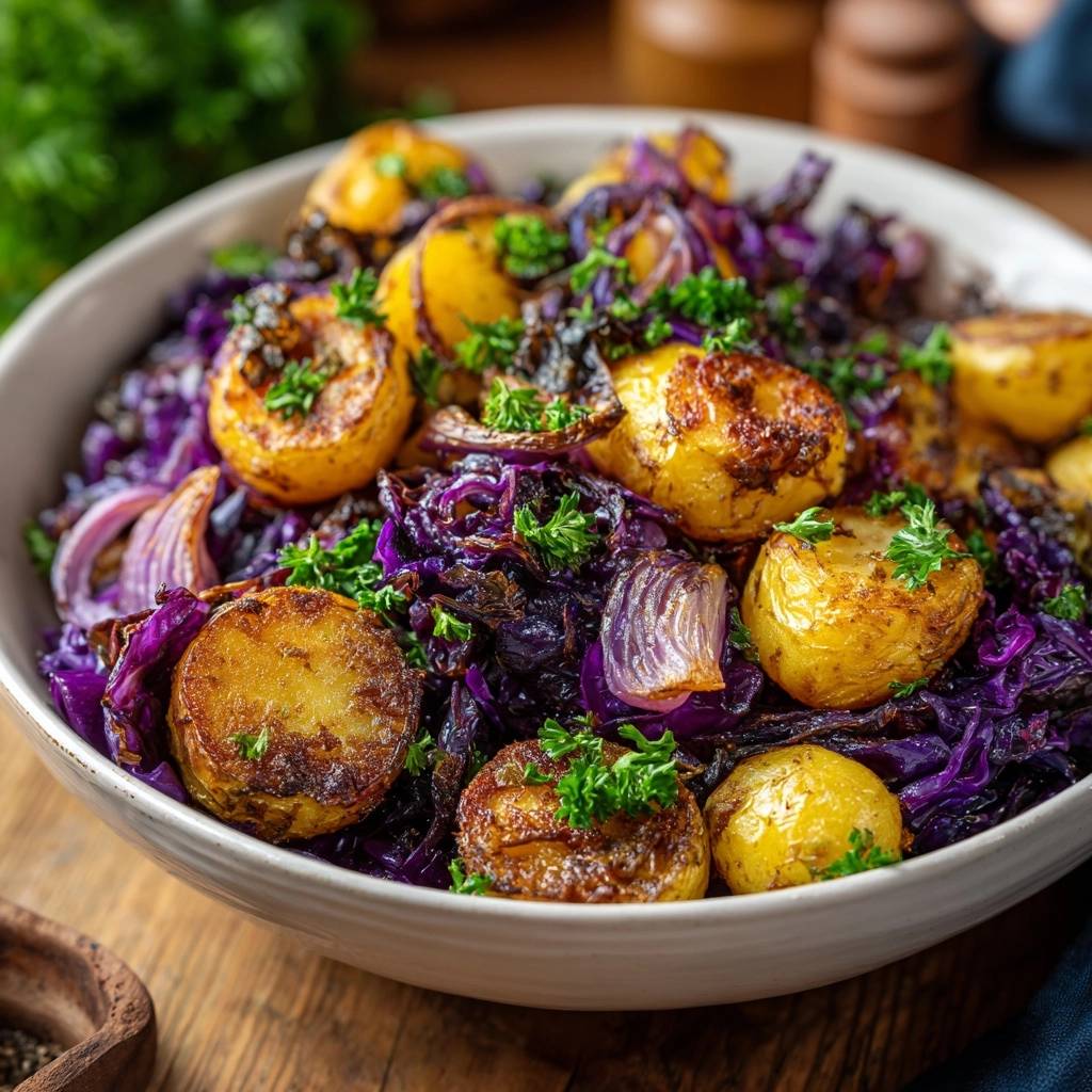 Knusprige Babykartoffeln Mit Rotkohl Draufsicht 1 Knusprige Babykartoffeln mit Rotkohl und Zwiebeln in einer Schüssel von oben gesehen, garniert mit frischer Petersilie.