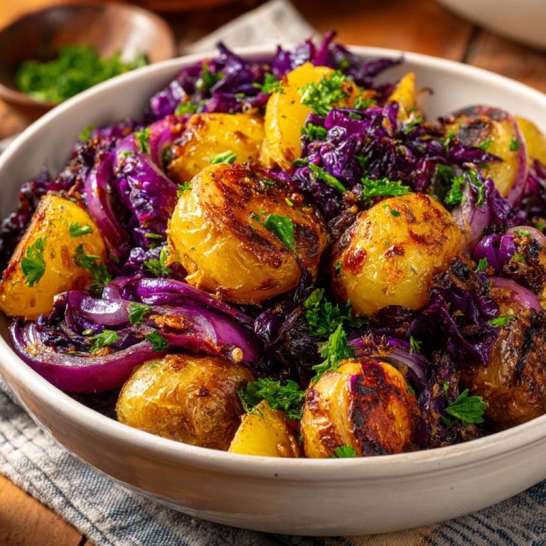 Knusprige Babykartoffeln mit Rotkohl und Zwiebeln in einer Schüssel, von oben betrachtet, mit frischer Petersilie garniert.