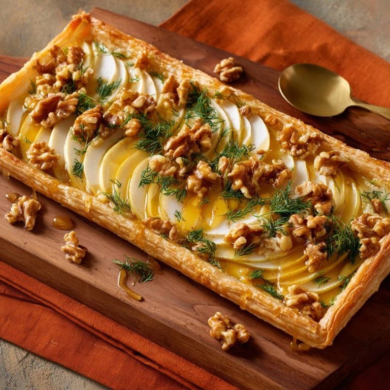 Knusprige Birnen-Walnuss-Dill-Tarte in voller Draufsicht auf einem Holzbrett serviert, garniert mit frischem Dill, Honig und Walnüssen.