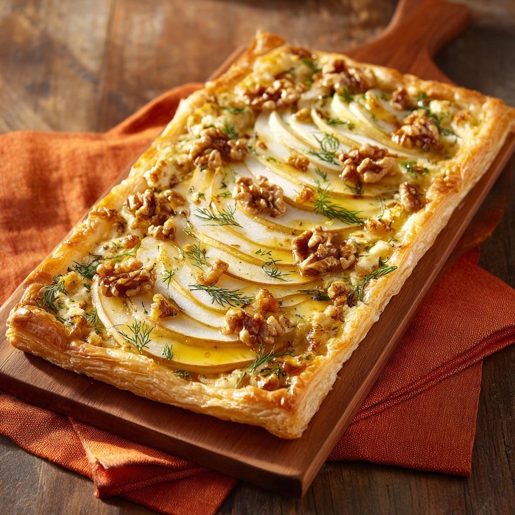 Knusprige Birnen Walnuss Dill Tarte Draufsicht Serviert 1 Knusprige Birnen-Walnuss-Dill-Tarte, serviert auf einem Holzbrett, mit Walnüssen, Dill und einem Hauch von Honig. Die Tarte ist frisch gebacken.