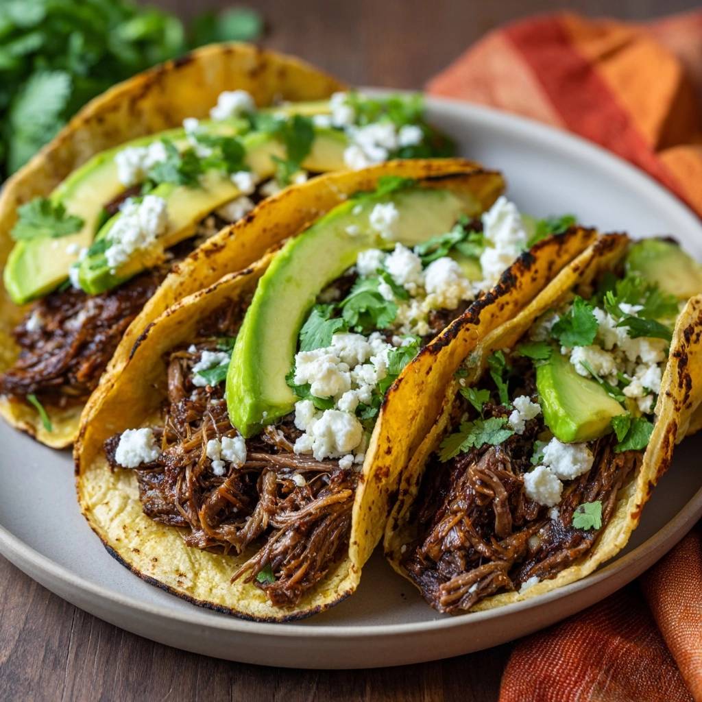 Knusprige Birria Tacos Serviert 1 Knusprige Birria Tacos, serviert auf einem Teller, mit Avocado, Koriander und weißem Käse garniert. Die knusprigen Tortillas sind gefüllt.