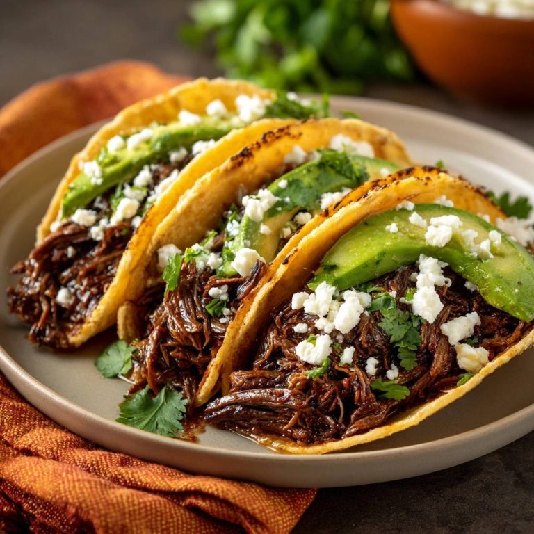 Knusprige Birria Tacos, serviert auf einem Teller, mit Avocado, Feta und frischem Koriander garniert. Die knusprigen Tortillas sind gefüllt mit geschmortem Fleisch.