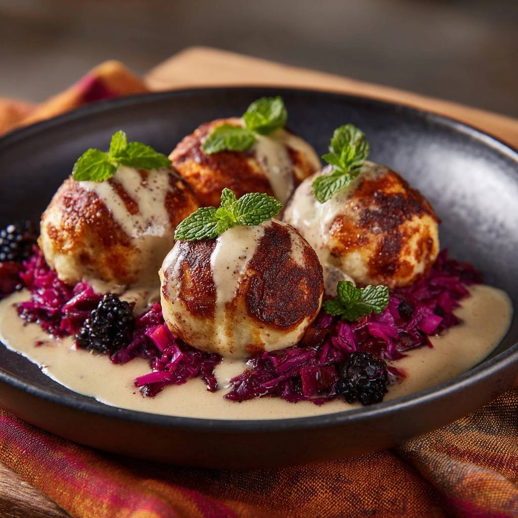 Knusprige Blumenkohl Baellchen Serviert 1 Knusprige Blumenkohl-Bällchen serviert auf Hummus mit Beeren und Rotkraut, garniert mit frischer Minze und einer cremigen Sauce.