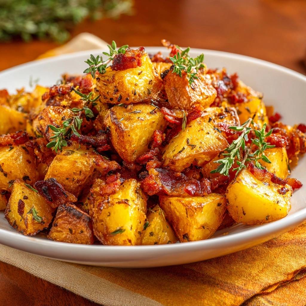 Knusprige Bratkartoffeln Mit Raeuchertofu Thymian Serviert 1 Knusprige Bratkartoffeln mit Räuchertofu & Thymian, serviert in einer weißen Schüssel, garniert mit frischen Kräutern.