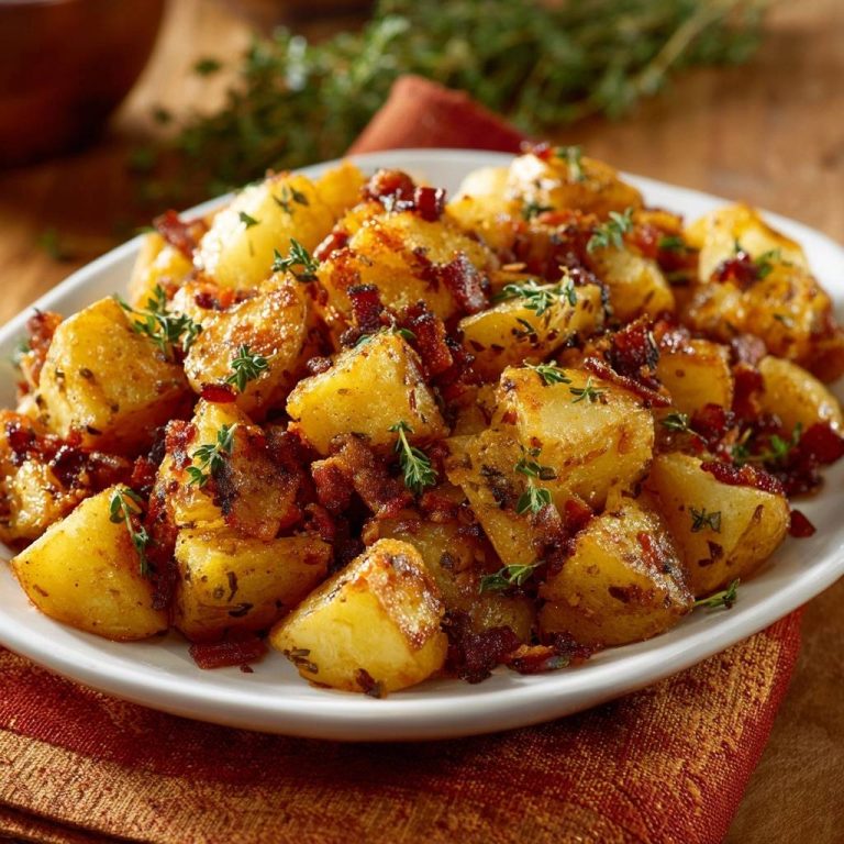Knusprige Bratkartoffeln mit Räuchertofu und Thymian serviert auf einem weißen Teller, garniert mit frischen Kräutern und knusprigem Tofu.