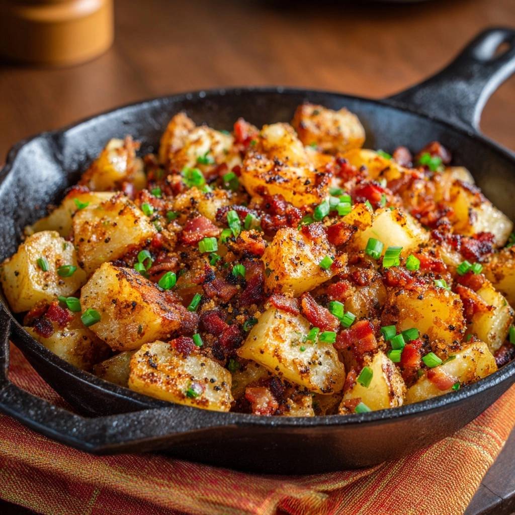 Knusprige Bratkartoffeln Mit Speck Draufsicht 1 2 Knusprige Bratkartoffeln mit Speck in einer gusseisernen Pfanne, garniert mit frischen Kräutern, von oben betrachtet. Die goldbraunen Kartoffeln sind mit knusprigem Speck bedeckt.