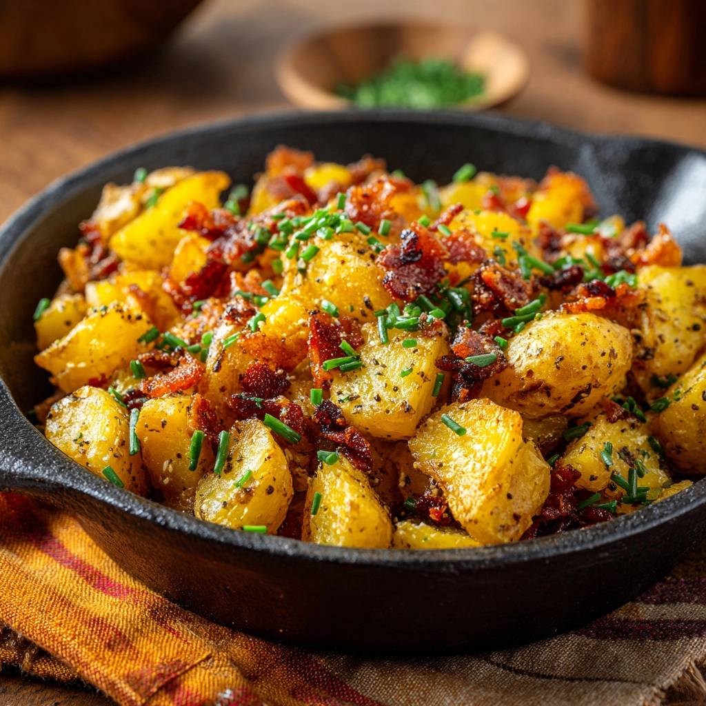 Knusprige Bratkartoffeln Mit Speck Draufsicht 1 Knusprige Bratkartoffeln mit Speck und Schnittlauch, serviert in einer gusseisernen Pfanne, mit frischem, gehacktem Schnittlauch garniert.