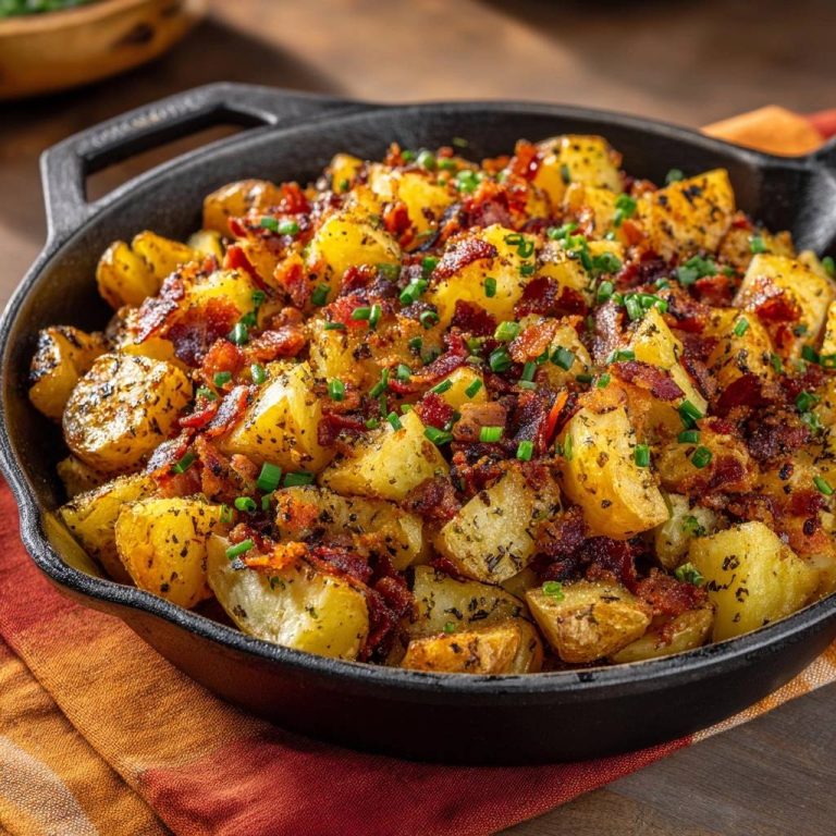 Knusprige Bratkartoffeln mit Speck und Schnittlauch, serviert in einer gusseisernen Pfanne, mit herzhaft gebratenem Speck und frischem Schnittlauch garniert.