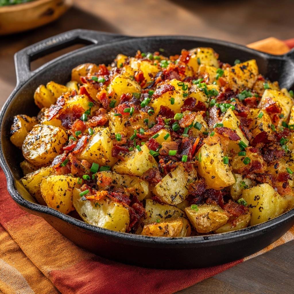 Knusprige Bratkartoffeln mit Speck und Schnittlauch, serviert in einer gusseisernen Pfanne, mit herzhaft gebratenem Speck und frischem Schnittlauch garniert.