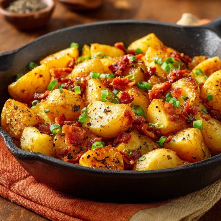 Knusprige Bratkartoffeln mit Speck in einer gusseisernen Pfanne, garniert mit frischen Kräutern, in Nahaufnahme aufgenommen. Das deftige Gericht ist perfekt gebraten.