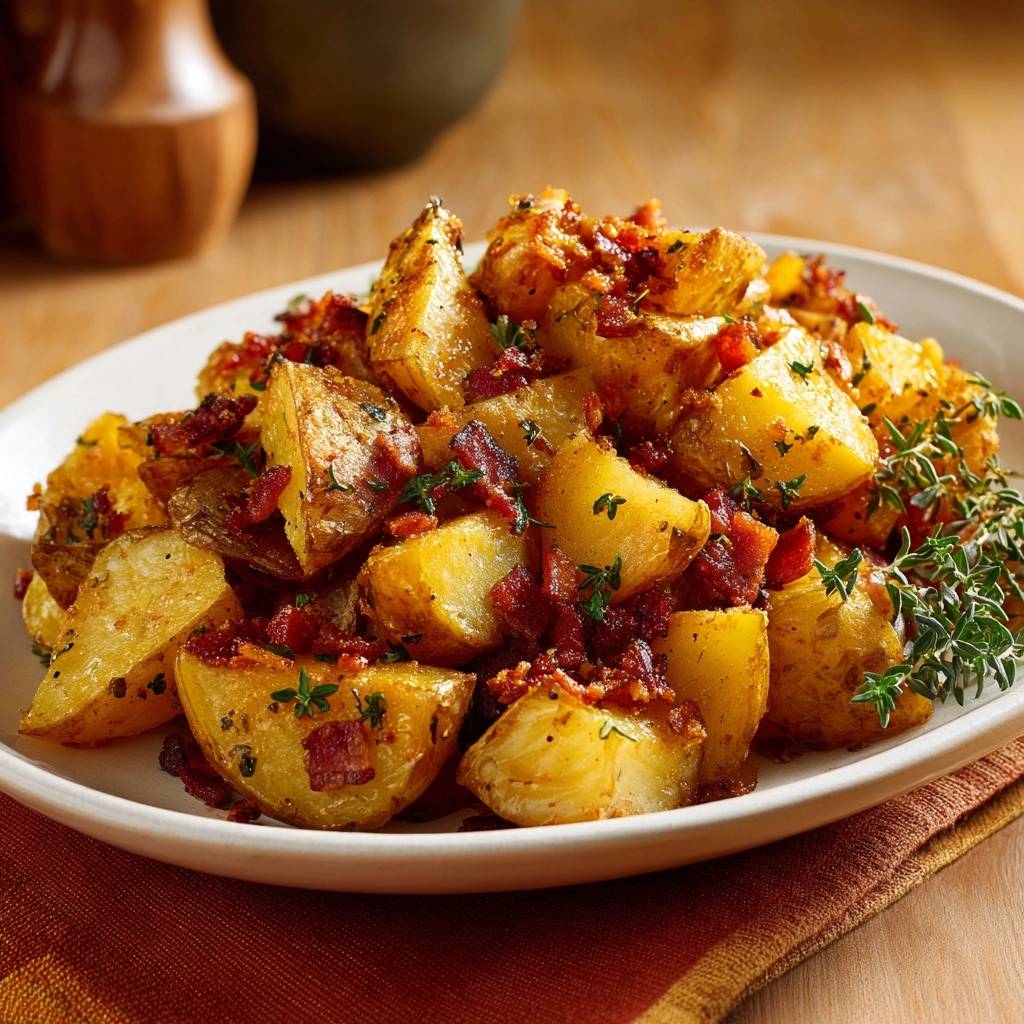 Knusprige Bratkartoffeln Mit Speck Und Thymian Draufsicht 1 Knusprige Bratkartoffeln mit Speck und Thymian, serviert auf einem weißen Teller, garniert mit frischem Thymian und knusprigem Speck.