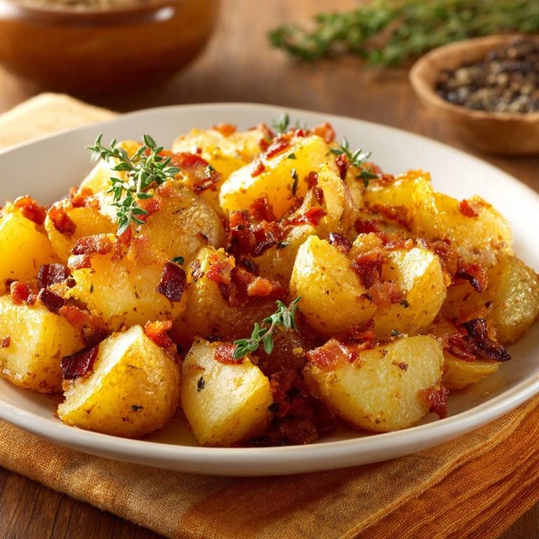 Knusprige Bratkartoffeln mit Speck und Thymian werden auf einem Teller serviert, dekoriert mit frischen Thymianzweigen und knusprigem Speck.