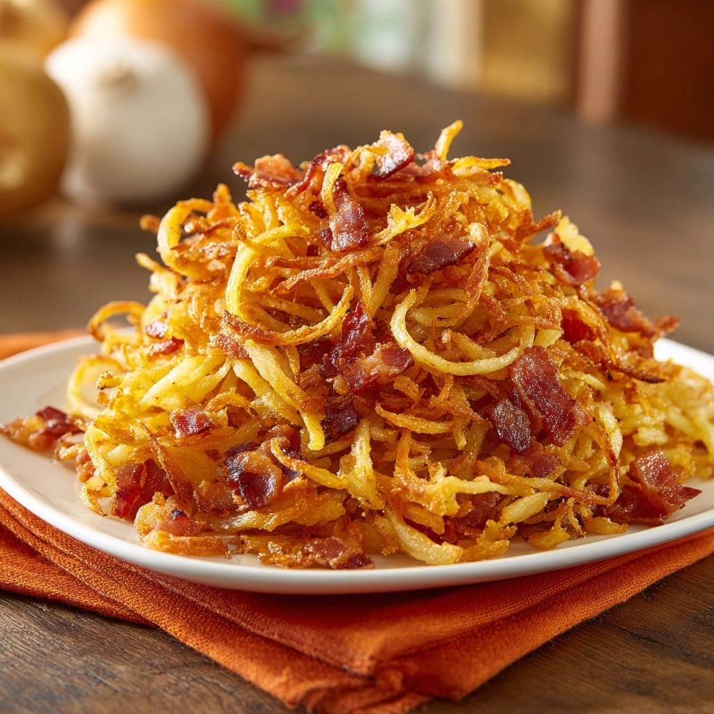 Knusprige Bratkartoffeln Mit Zwiebeln Serviert 1 Knusprige Bratkartoffeln mit Zwiebeln, serviert auf einem weißen Teller, garniert mit knusprigem Speck und Zwiebelringen. Ein köstliches Gericht für Genießer.