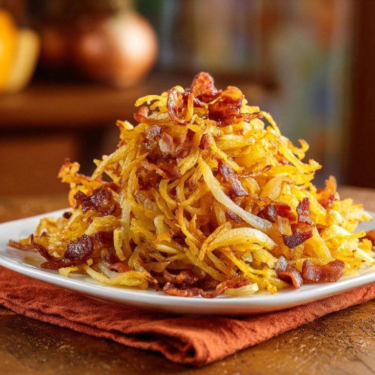 Knusprige Bratkartoffeln mit Zwiebeln, serviert auf einem weißen Teller, garniert mit knusprigem Speck und einer rustikalen Textur.