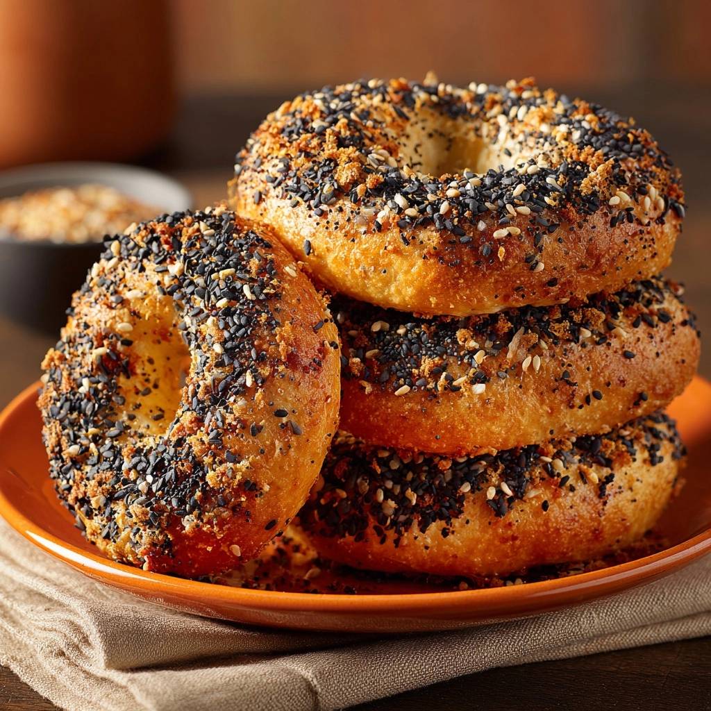 Knusprige Everything Bagels Gestapelt Nahaufnahme 1 Knusprige Everything Bagels, gestapelt auf einem Teller, zeigen die knusprige Kruste und die großzügige Würzung in Nahaufnahme.