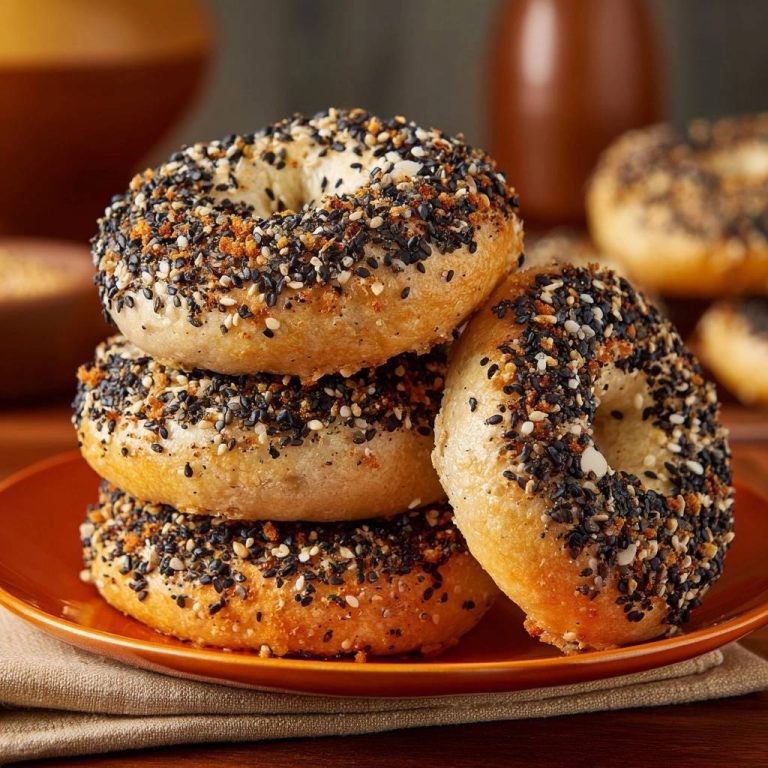 Knusprige Everything Bagels, gestapelt auf einem Teller, zeigen die knusprige Kruste und die großzügige Würzung in Nahaufnahme.
