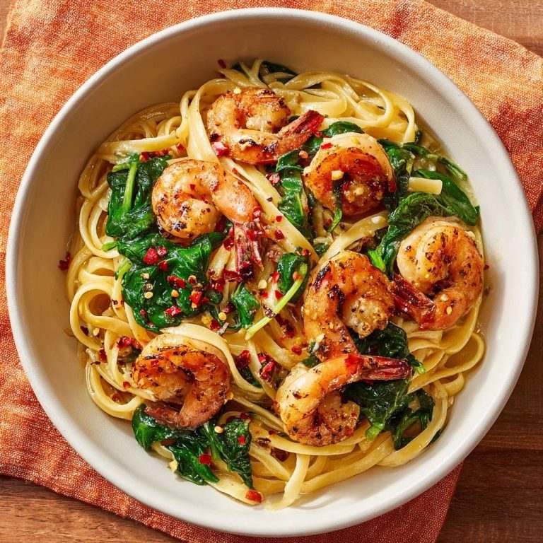 Knusprige Garnelen-Spinat-Spaghetti von oben serviert, mit perfekt angebratenen Garnelen, frischem Spinat und roten Chiliflocken.